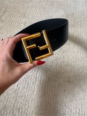 Fendi Black Leather Belt with Gold FF Buckle